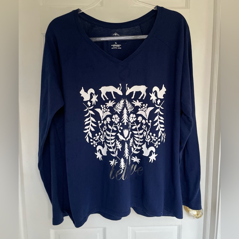 St. John's Bay Navy Blue Shirt with White and silver Print